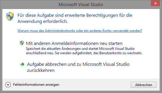 Visual Studio - UAC Meldung